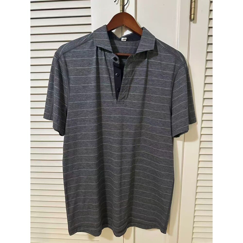 lululemon Men’s L Charcoal Gray Striped Stretch Short Sleeve Polo Shirt